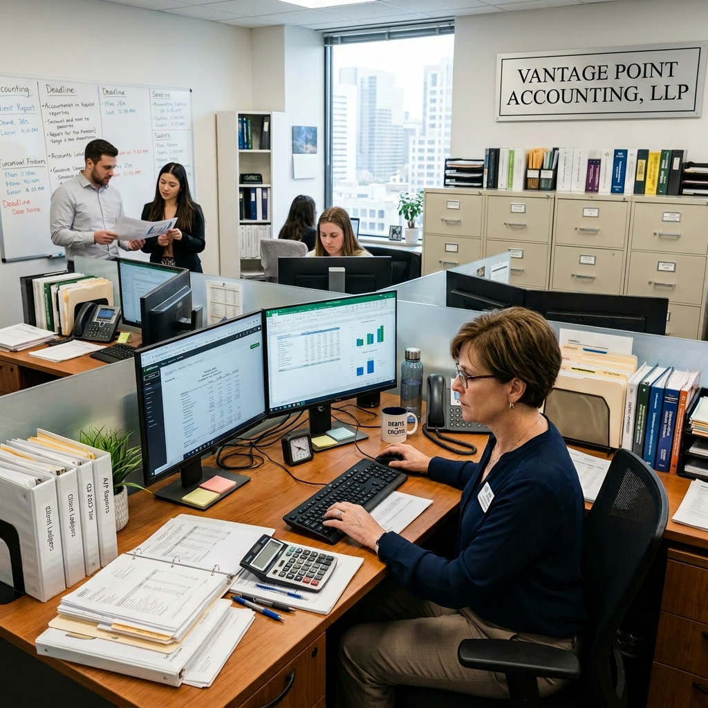 Office with multiple bookkeepers working at desks with computers and paperwork
