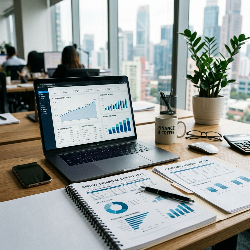 Laptop displaying financial graphs and reports with documents and office supplies on desk