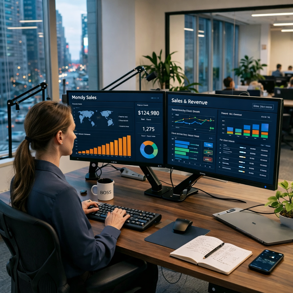 Man analyzing stock market trends on two computer monitors in an office